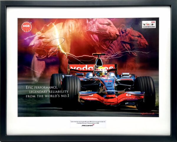 Lewis Hamilton Signed 2008 McLaren MP4-23 Framed NGK Sponsor Picture